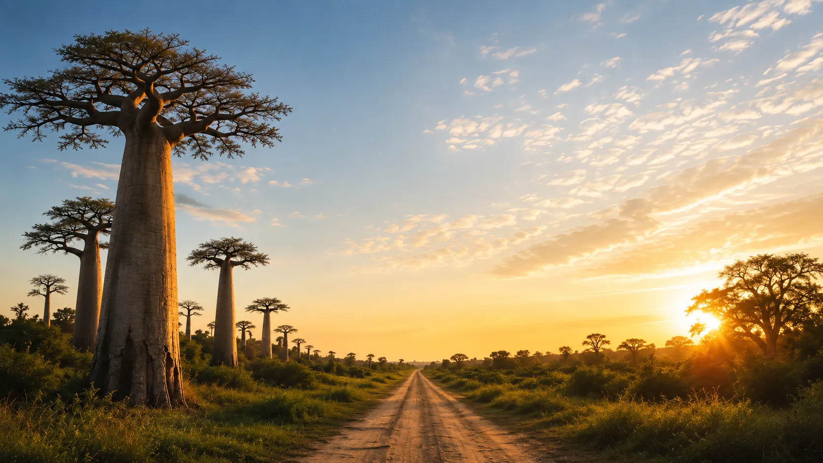 Allée de baobabs au coucher du soleil à Madagascar